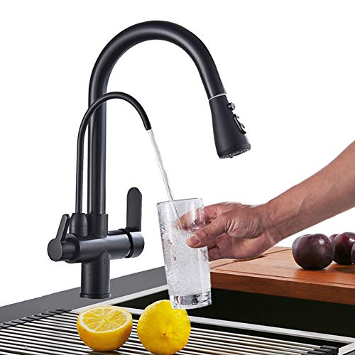 Onyzpily Wasserhahn Küche Reines Wasser Hoher Bogen Hochdruck Küchenarmatur mit Herausziehbarer Brause Ausziehbar Armatur und 360° Schwenkbar Zwei Sprühfunktionen Edelstahl Schwarz von Onyzpily