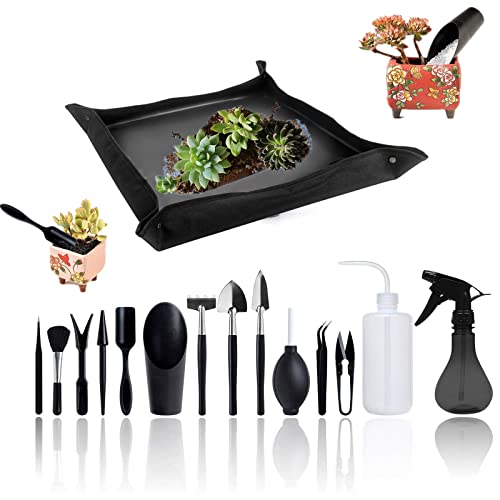 Opaltool Garten Sukkulenten Werkzeugset, 14 pcs Mini Garten Handtransplantations Sukkulenten Werkzeug mit Plant Repotting Transplantationsmatte für die Pflege von Miniatur Pflanzen im Innenbereich von Opaltool