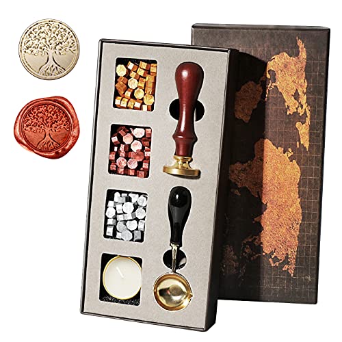 Wachssiegel Stempel Set, Vintage Retro Wax Wachs Siegel Stempel Kit mit Siegel Wachs Perlen und Schmelzlöffel für Einladungskarten Briefe Umschläge (Tree) von Opaltool