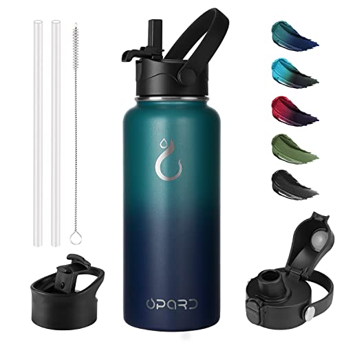 Opard 1L Edelstahl Trinkflasche, 3 Deckel (Strohhalmdeckel, Klappdeckel, Ausgießerdeckel)，Thermoskanne Vakuum Doppelwandisolierung Auslaufsicher Thermosflasche für Sport, Reisen, Camping von Opard