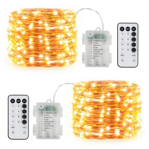 Opard 2stk 100er LED Lichterkette Batterienbetrieben Fernbedienung und Timer 10M 8 Modi, IP65 Wasserdicht Kupferdraht Lichterkette für Innen Außen Weihnachten Party Schlafzimmer Weihnachtsbaum von Opard