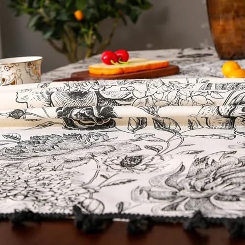 Baumwoll-Leinen-Tischdecke mit atemberaubendem Pfingstrosen-Quasten-Design für moderne und böhmische Dekoration (60 x 150 cm) von Opatiny