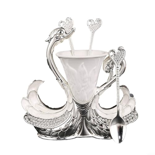 Charmantes Geschirr-Set mit Schwanenmotiv, 6 Löffel und 6 Gabeln zum Servieren von Kaffee, Desserts und Früchten (silberfarbener Löffel) von Opatiny