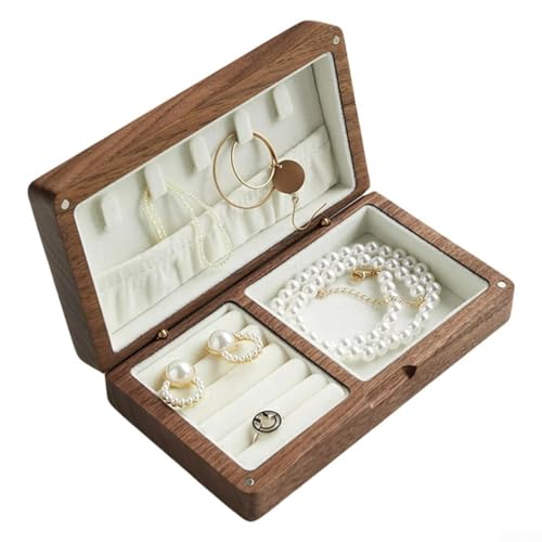 Elegante Aufbewahrungsbox aus Massivholz im Retro-Design zum Organisieren von Ringen, Halsketten, Ohrringen und mehr (Walnuss-Weiß) von Opatiny