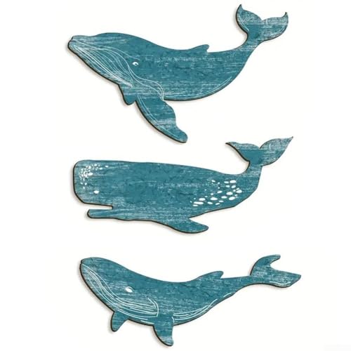 Set mit drei Holzwalen und Hai-Wandkunstwerken, perfekt für Küstenambiente von Opatiny