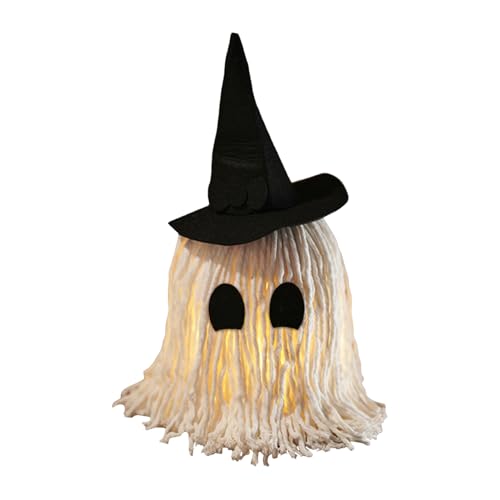 Opdestn Halloween Deko Leuchtender Geist - Niedliche Beleuchteter Wischmopp Geist Mit Hexenhut,Horror Halloween Dekoration für Kamintische Esstische Gartenbereich Innen Außen von Opdestn