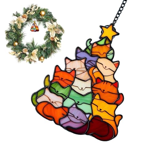 Opdestn Katzen Deko | Acryl 2D Flache Bunte Katzen Deko Für Weihnachtsbaum,Aufhängbar Fenster Für Innen Und Außen Garten Terrasse Balkon von Opdestn