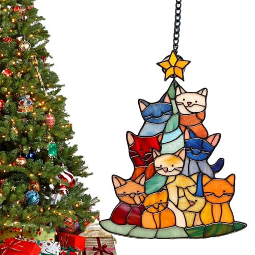 Opdestn Katzen Deko | Acryl 2D Flache Bunte Katzen Deko Für Weihnachtsbaum - Aufhängbar Fenster Für Innen Und Außen Garten Terrasse Balkon von Opdestn