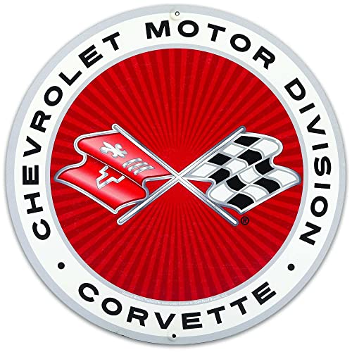 Chevrolet Motor Division Corvette Logo Rundes Metallschild – klassisches Corvette-Schild für Garage, Geschäft oder Männerhöhle von Open Road Brands