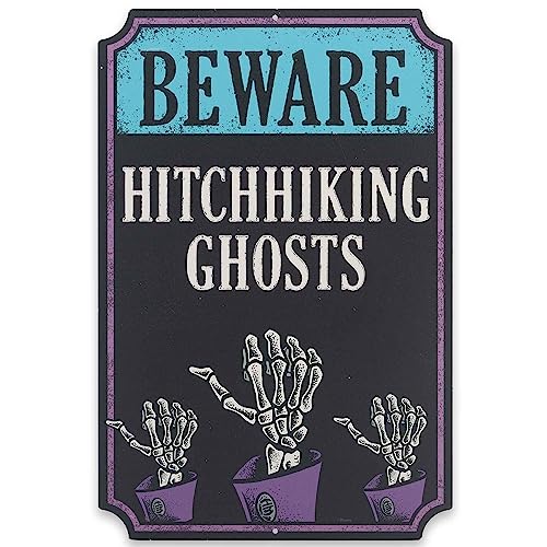Open Road Brands Disney Haunted Mansion Beware of Hitchhiking Ghosts Metallschild – Gruseliges Spukhaus, Wanddekoration für Halloween-Dekoration von Open Road Brands