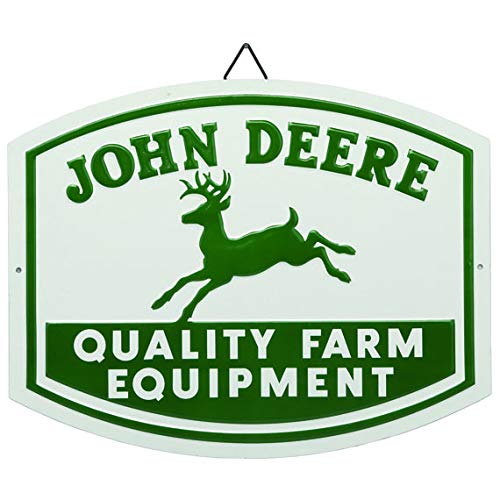 Open Road Brands John Deere Qualitätsschild mit Aufschrift "Farm Equipment", geprägtes Vintage-Schild von John Deere für Garage oder Männerhöhle von Open Road Brands