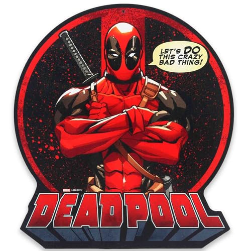 Metallschild mit Marvel-Deadpool-Zitat – Let's Do This Crazy Bad Thing Schild für Männerhöhle, Jugendzimmer oder Filmzimmer von Open Road Brands