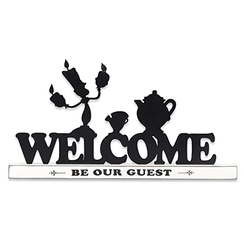 Open Road Brands Disney Die Schöne und das Biest Welcome Be Our Guest Tischdekoration – Lumiere, Chip und Mrs. Potts Metall-Silhouetten auf weißem Holzsockel von Open Road Brands