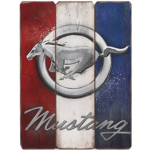 Ford Mustang Logo Gestreifte Holz-Wanddekoration – klassisches Ford Mustang Schild für Garage, Geschäft oder Männerhöhle von Open Road Brands