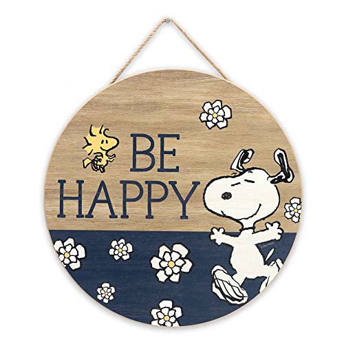 Peanuts Snoopy Be Happy, runde Wanddekoration aus Holz zum Aufhängen, lustiges Snoopy-Schild für Heimdekoration, tolle Geschenkidee von Open Road Brands