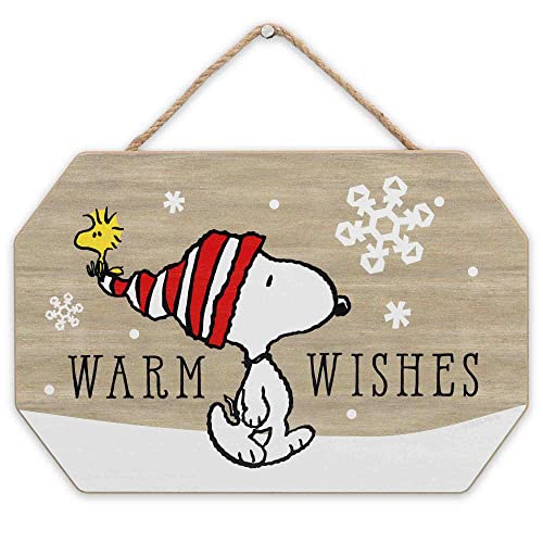 Open Road Brands Peanuts Snoopy and Woodstock Warm Wishes Winter hängende Holz-Wanddekoration – lustiges Snoopy-Weihnachtsschild für Heimdekoration von Open Road Brands