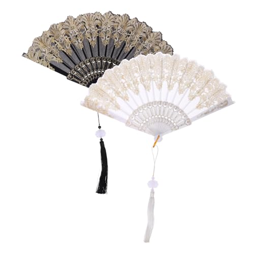 Operitacx 2 Stück Faltbarer Handfächer Vintage Bestickter Handventilator mit Quaste Leichter Stofffächer für Sommer Party Fotografie Hochzeit Faltbarer Handgehaltener Fächer von Operitacx