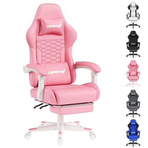 Opiesit Gaming-Stuhl,Gaming-Stühle für Erwachsene mit Fußstütze,Videospiel-Computer-Stühle mit Lendenwirbelstütze,höhenverstellbarer ergonomischer Schreibtisch-Büro-Stuhl Recliner,rosa PU-Leder von Opiesit