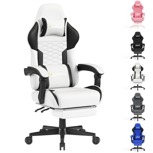 Opiesit Gaming-Stuhl,Gaming-Stühle für Erwachsene mit Fußstütze,Videospiel-Computer-Stühle mit Lendenwirbelstütze,höhenverstellbarer ergonomischer Schreibtisch-Büro-Stuhl Recliner,weißes PU-Leder von Opiesit
