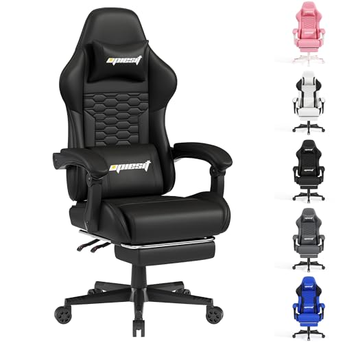 Opiesit Gaming-Stuhl mit Fußstütze, ergonomische Gaming-Stühle für Erwachsene, verstellbare Höhe, Computerspielstuhl mit Kopfstütze und Lendenwirbelstütze, Rückenlehne, verstellbare Drehstuhl, Schwarz von Opiesit