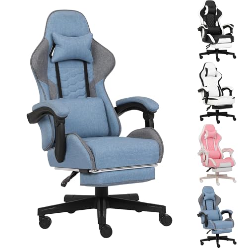 Opiesit Gaming-Stuhl, Computer-Bürostuhl mit Fußstütze, Gestängearmlehnen und Lendenwirbelstütze, hohe Rückenlehne, ergonomische Gamer-Stühle für Erwachsene, blauer Stoff von Opiesit