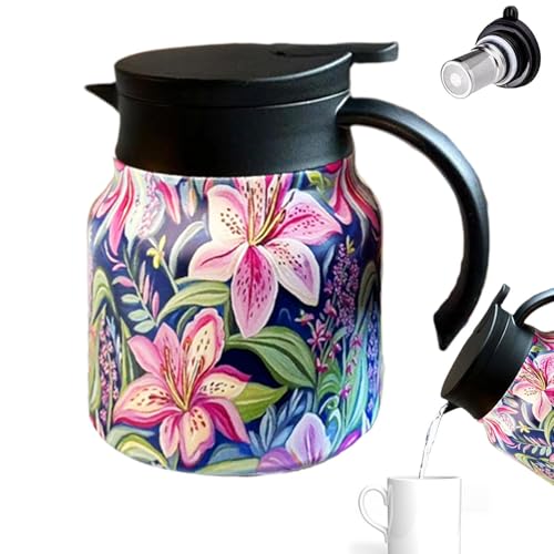 Teekessel mit Teesieb, Teekanne mit Teesieb für losen Tee | 1000 ml Teefilter mit Blumenmuster, isolierter Reisebecher mit Vintage-Teesieb für Blüten- und Moblatt-Tee von Opilroyn