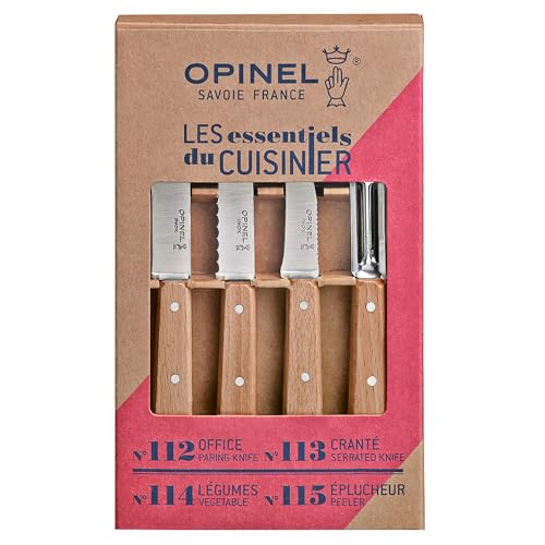 Opinel 001300 Estuche Esenciales Mango de haya barnizada Natural N° 112 patatero N°113 dentado N°114 cuchillo para verdura N°115 pelador, Rostfreies Metall, Mehrfarbig von Opinel