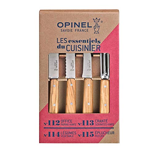 Opinel 254458 Essentials Küchenmesser Set-4 teilig-rostfreier Sandvik Stahl-Olivenholz Griffe, Mehrfarbig von Opinel