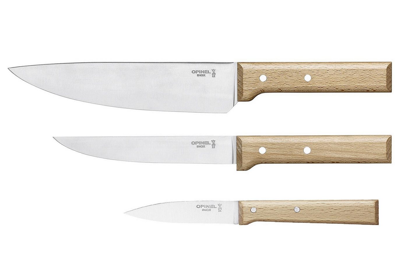 Opinel Messer-Set Parallele (3-tlg), Stahlklingen, Holzgriffe, Chef-, Tranchier- und Allzweckmesser von Opinel