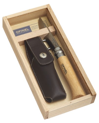 Opinel Opinel-Messer, Größe 8, modifizierter Sandvik Stahl 12C27 (rostfrei), Buchenholzgriff, Kunstleder-Etui mit Karabinerhaken, Holzbox von Opinel