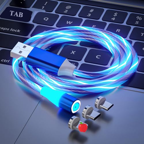 Multi-Ladekabel, 3-in-1, magnetisches LED-Licht, Ladekabel, 100 cm, um 360 Grad drehbares Ladekabel mit USB C/Micro-USB/Beleuchtungsanschluss für Handys/IP/Samsung Galaxy/Ps/Tablets und mehr (blau) von Opligevo