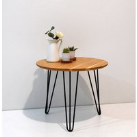 Runder Beistelltisch Aus Massiver Eiche Mit Haarnadelbeinen Schwarzem Metall/Couchtisch Wohnzimmertisch Pflanzenständer Tisch Drei Beinen von OportoNordico