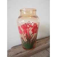 Rosa Glas Vase Serigraphie Rote Blumen 50Er Jahre von OpossumFactory