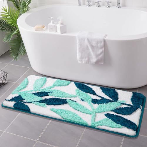 Oppakou Blau Blatt Badezimmerteppich Groß 50 x 120 cm, Badteppich rutschfest Waschbar Absorbierende Badematte Schnelltrocknend, Badvorleger Weiche Mikrofaser für Badezimmer, Badewanne, Türmatte von Oppakou