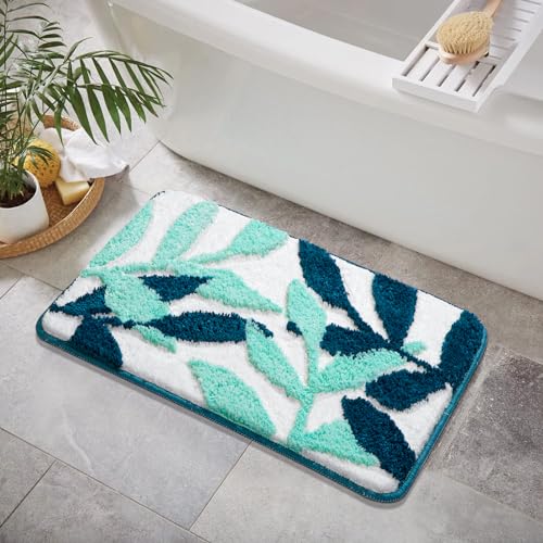 Oppakou Blau Blatt Badezimmerteppich rutschfest Waschbar 50 x 80 cm, Badteppich Absorbierende Badematte Schnelltrocknend, Badvorleger Weiche Mikrofaser für Badezimmer, Badewanne, Eingang, Türmatte von Oppakou