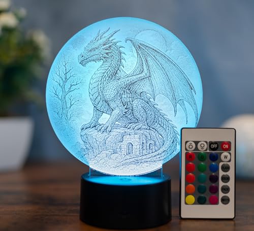Fantasy Drachen Lampe LED 3D – Drachenlampe mit Farbwechsel & Fernbedienung – Fabelwesen Licht Deko – Geschenkidee für Drachenfans & Rollenspieler – Dragon Leuchte – Acryl Made in Germany von Optechvisual