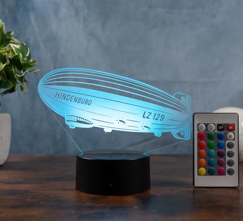 Hindenburg Lampe LED 3D – Zeppelin Deko Licht LZ 129 – Luftschiff Geschenkidee für Technikfans & Sammler – Farbwechsel mit Fernbedienung – Acrylglas Made in Germany – Zeppelinlampe von Optechvisual