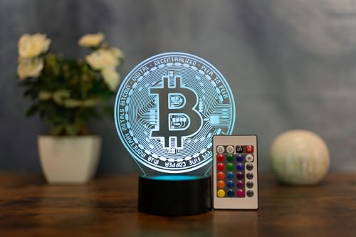 Optechvisual Bitcoin LED Lampe – 3D Tischlampe mit Farbwechsel & Fernbedienung – Krypto Deko Licht für Büro, Gaming-Setup & Wohnzimmer – Geschenk für Bitcoin-Fans – Acrylglas Made in Germany von Optechvisual