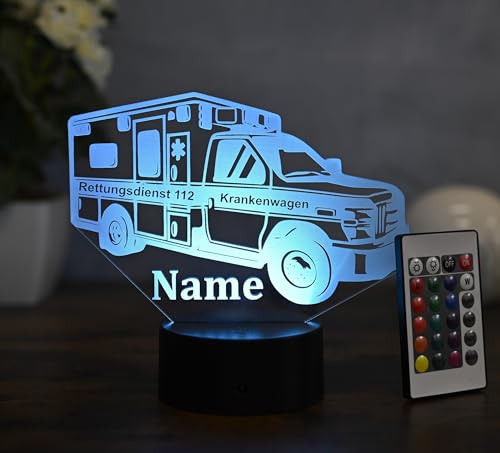 Optechvisual Personalisierte LED Tischlampe Krankenwagen-Design – Geschenk für Krankenschwestern & Sanitäter – Rettungswagen Deko & LED Nachtlicht mit Namen von Optechvisual