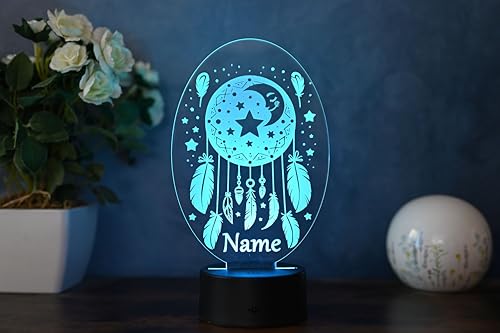 Optechvisual Personalisierter Traumfänger LED Mond - Nachtlicht mit Name, Dimmbare Nachtischlampe, Traumfänger Deko für Schlafzimmer von Optechvisual