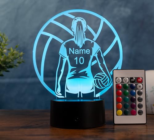 Optechvisual Volleyball Lampe personalisiert – LED Nachtlicht mit Name & Trikotnummer | Geschenk für Mädchen & Frauen | Volleyball Spielerin Deko Light für Kinderzimmer & Sportfans von Optechvisual