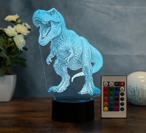 T-Rex LED Lampe – 3D Dinosaurier Tischlampe mit Farbwechsel & Fernbedienung – Geschenk für Kinder & Dino-Fans – Nachtlicht für Jungenzimmer & Deko fürs Kinderzimmer – Acryl Made in Germany von Optechvisual