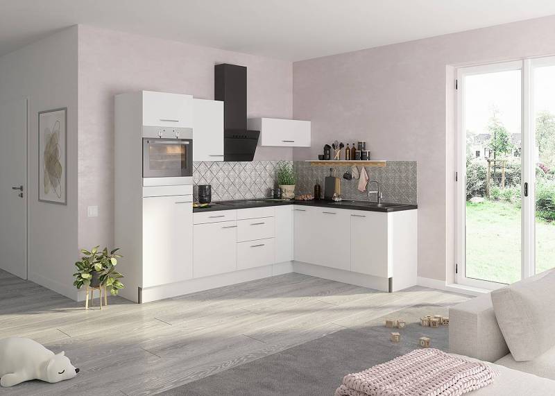 home24 Eckküche Variante A 270 x 212 x 60cm Weiß/Matt Weiß mit Elektrogeräten von home24