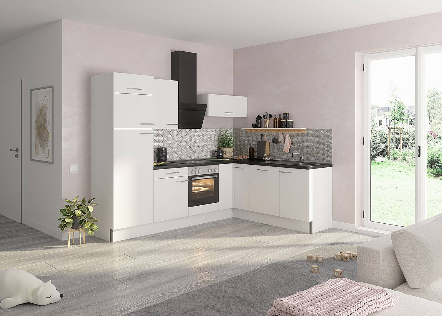 home24 Eckküche Variante B 270 x 212 x 60cm Weiß/Hochglanz Weiß mit Elektrogeräten von home24