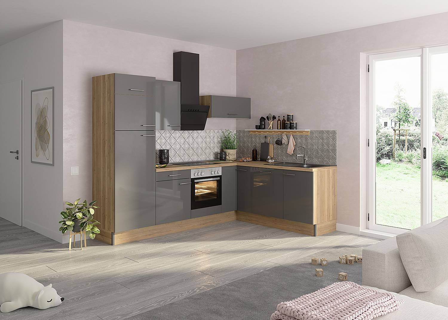 home24 Eckküche Variante B 270 x 212 x 60cm Braun/Grau/Anthrazit mit Elektrogeräten von home24
