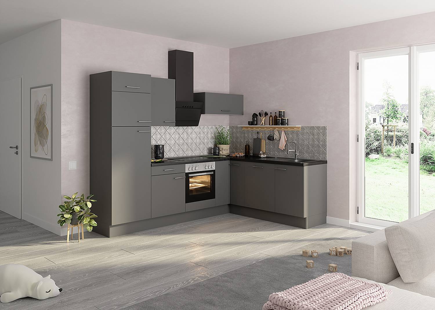 home24 Eckküche Variante B 270 x 212 x 60cm Grau/Basalt mit Elektrogeräten von home24