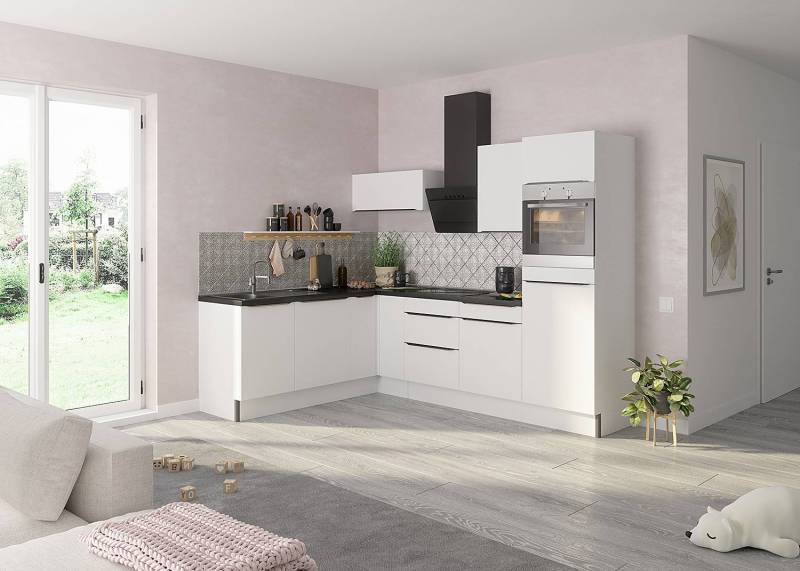 home24 Eckküche Variante C 270 x 212 x 60cm Weiß/Hochglanz Weiß ohne Elektrogeräte von home24