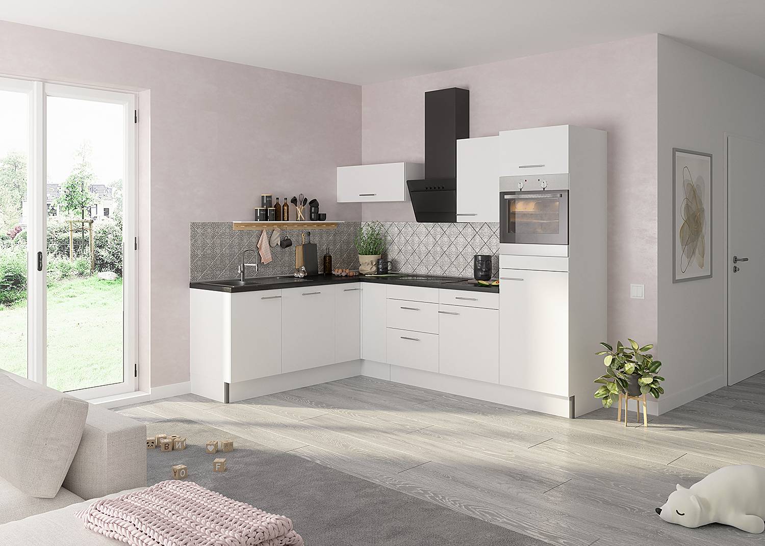 home24 Eckküche Variante C 270 x 212 x 60cm Weiß/Hochglanz Weiß mit Elektrogeräten von home24