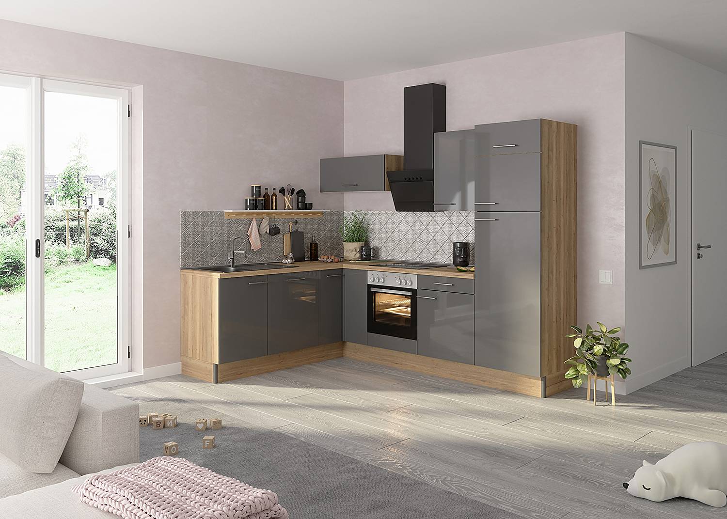 home24 Eckküche Variante D 270 x 212 x 60cm Braun/Grau/Anthrazit mit Elektrogeräten von home24