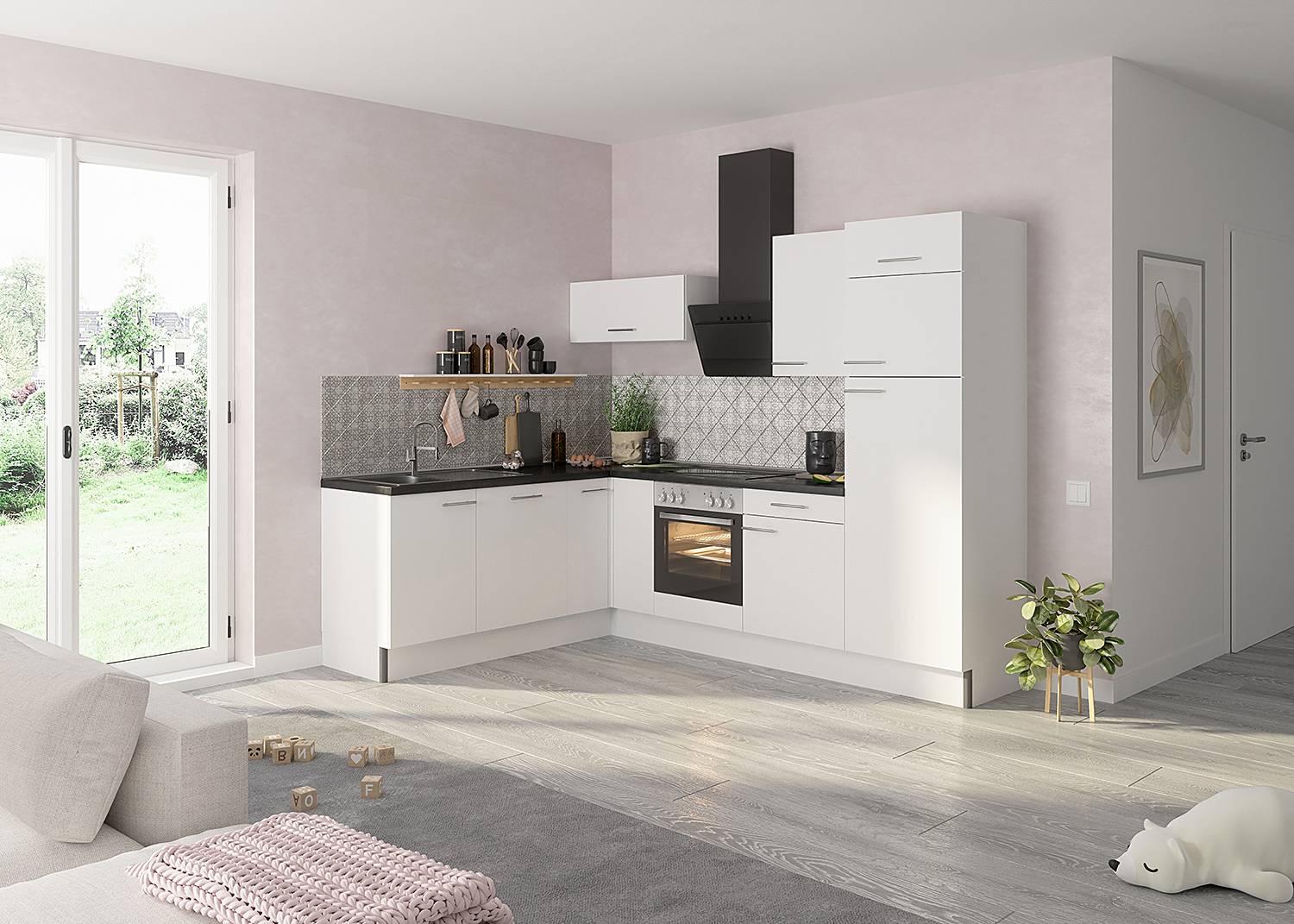 home24 Eckküche Variante D 270 x 212 x 60cm Weiß/Hochglanz Weiß mit Elektrogeräten von home24